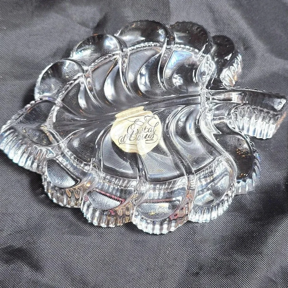 VTG 1990s Cristal d'Arques France Crystal‎ Leaf Dish Fougere Label Trinket Lead